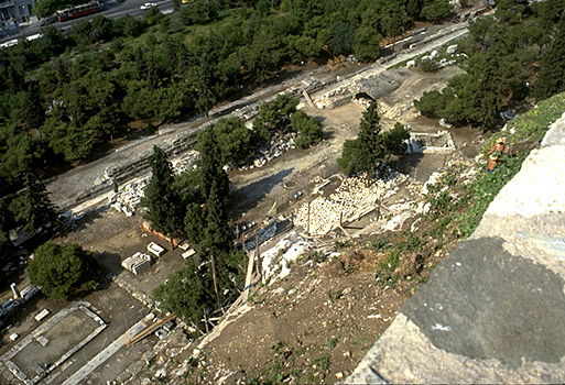 The South Slope of the Acropolis. - Temple of Asklepios and other monuments to the west. View from the south wall of the Acropolis.