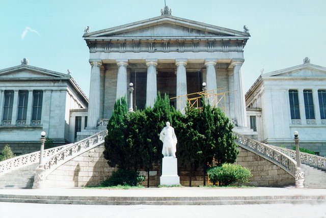 The Vallianios National Library - The National Library forms part of the so-called Neoclassical Trilogy of the City of Athens: Academy - University - Library.
It consists of three solid parts, out of which the one in the middle -which is also the biggest- houses the Reading-Room.