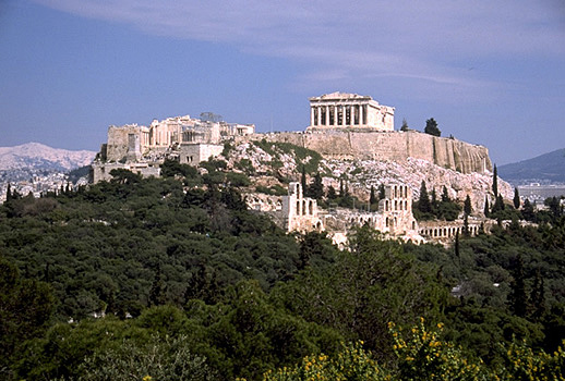 ACROPOLIS HILL - View of the Acropolis from the southwest, showing the Propylaia, the Temple of Athena Nike, part of the Erechtheion, and the Parthenon. Also visible on the South Slope are the Odeion of Herodes Atticus and the Stoa of Eumenes. Photo taken in 1998.